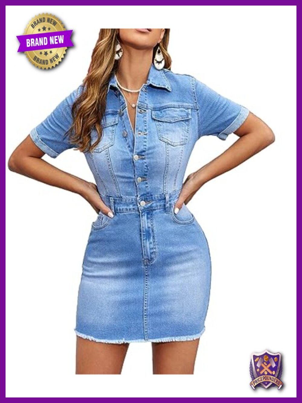 Women's Denim Bodycon Mini Dress Short Sleeve Button Casual